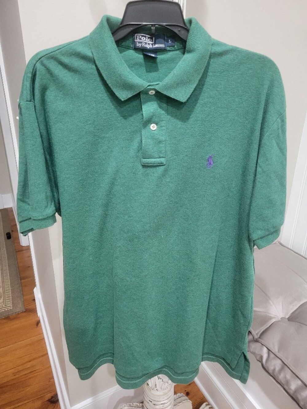 Men's Polo Ralph Lauren Large Polo Shirt Green Cotton Blue Pony Golf Side Slits